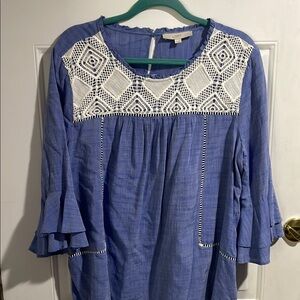LOFT Blue Blouse with White Lace Detail